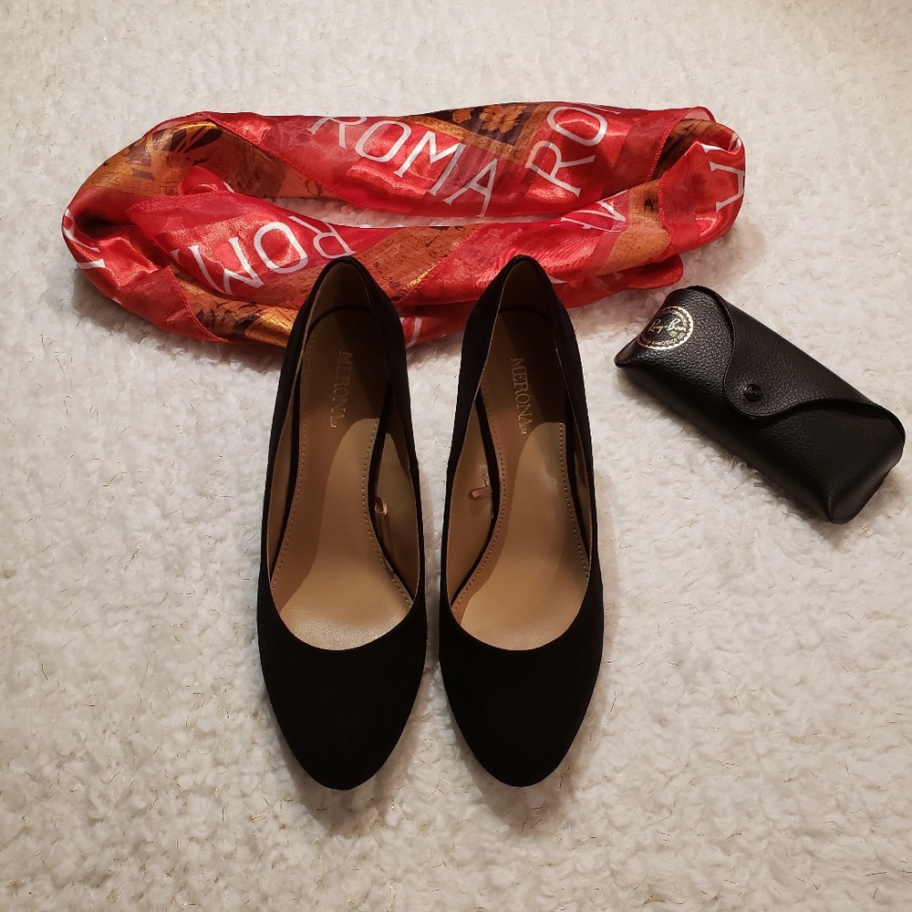 Black Faux Suede Wedged Heel